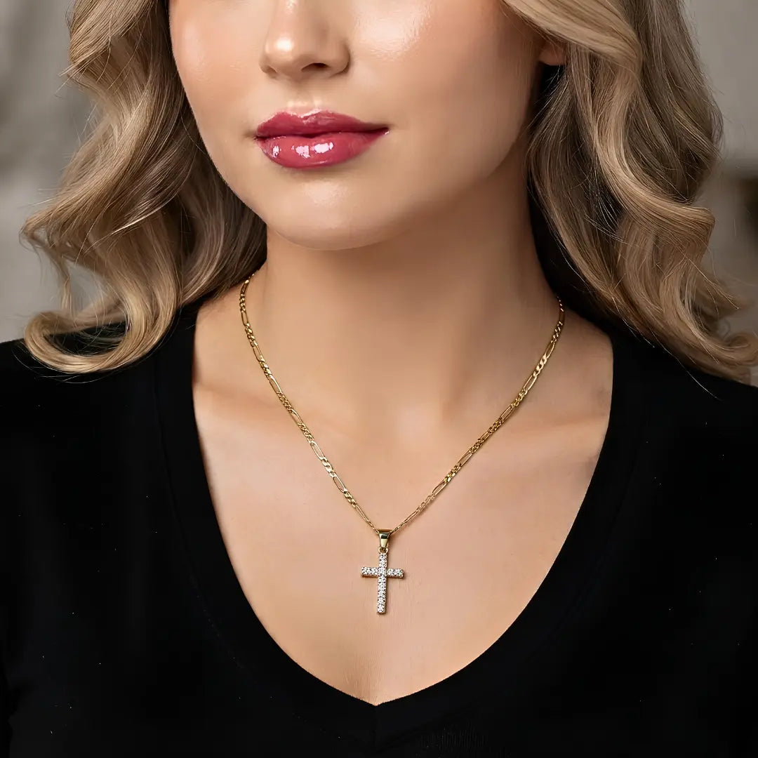 14K Gold Filled Pavé Cross Pendant Necklace – 18mm x 12mm Sparkling Cross with 60cm x 2mm Figaro Chain for Men & Women